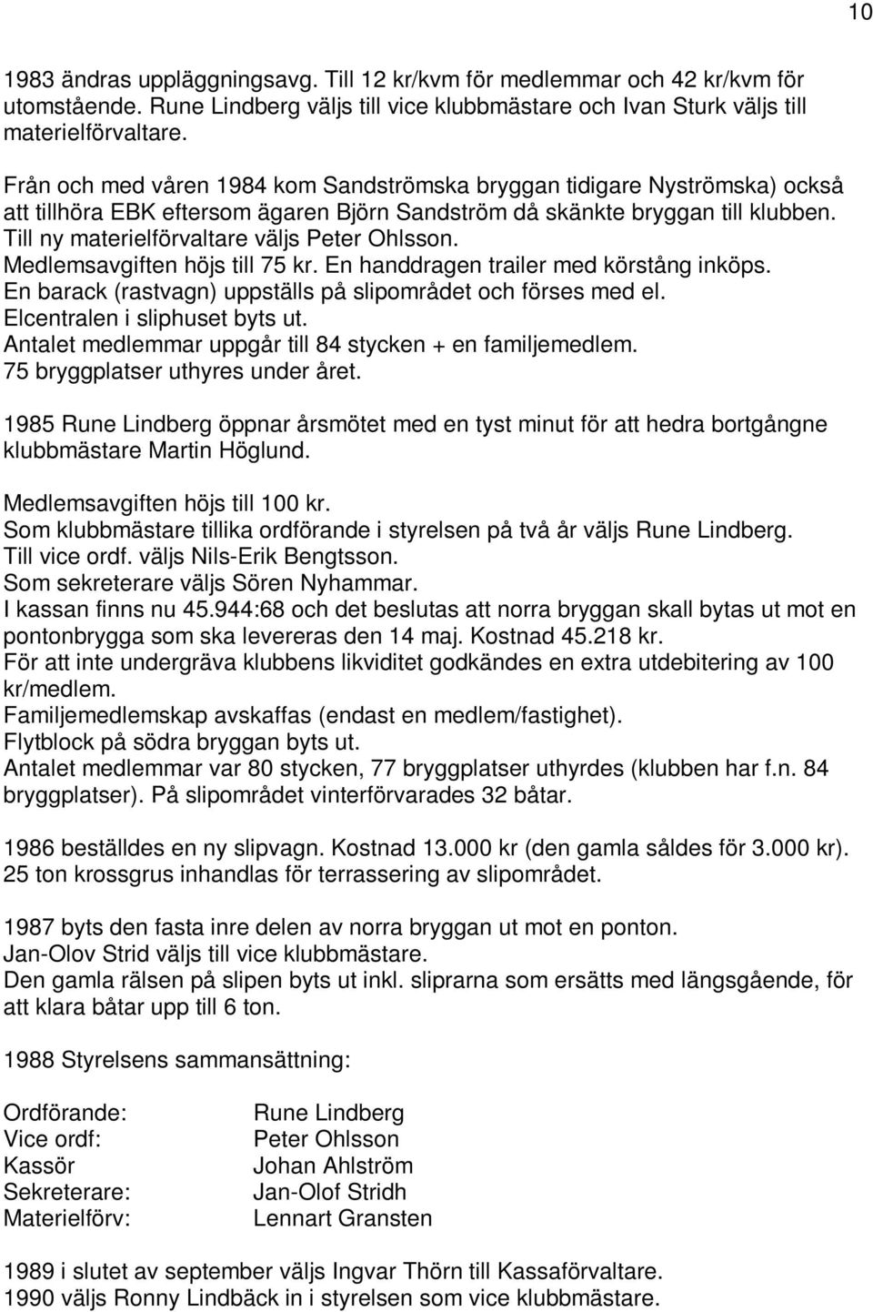 Till ny materielförvaltare väljs Peter Ohlsson. Medlemsavgiften höjs till 75 kr. En handdragen trailer med körstång inköps. En barack (rastvagn) uppställs på slipområdet och förses med el.