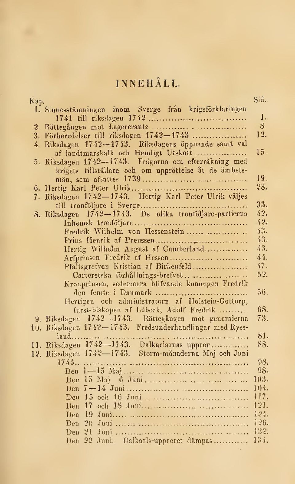 Frågorna om efterräkning med krigets tillstiillare och om upprättelse åt de ämbetsmän, som afsattes 1739 19 C. Hertig Karl Peter Ulrik 28. 7. Riksdagen 1742 1743.