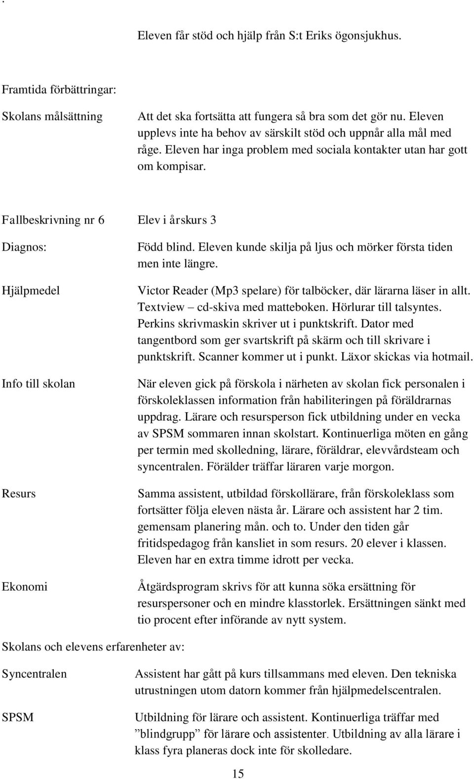 Fallbeskrivning nr 6 Elev i årskurs 3 Diagnos: Hjälpmedel Info till skolan Resurs Ekonomi Född blind. Eleven kunde skilja på ljus och mörker första tiden men inte längre.