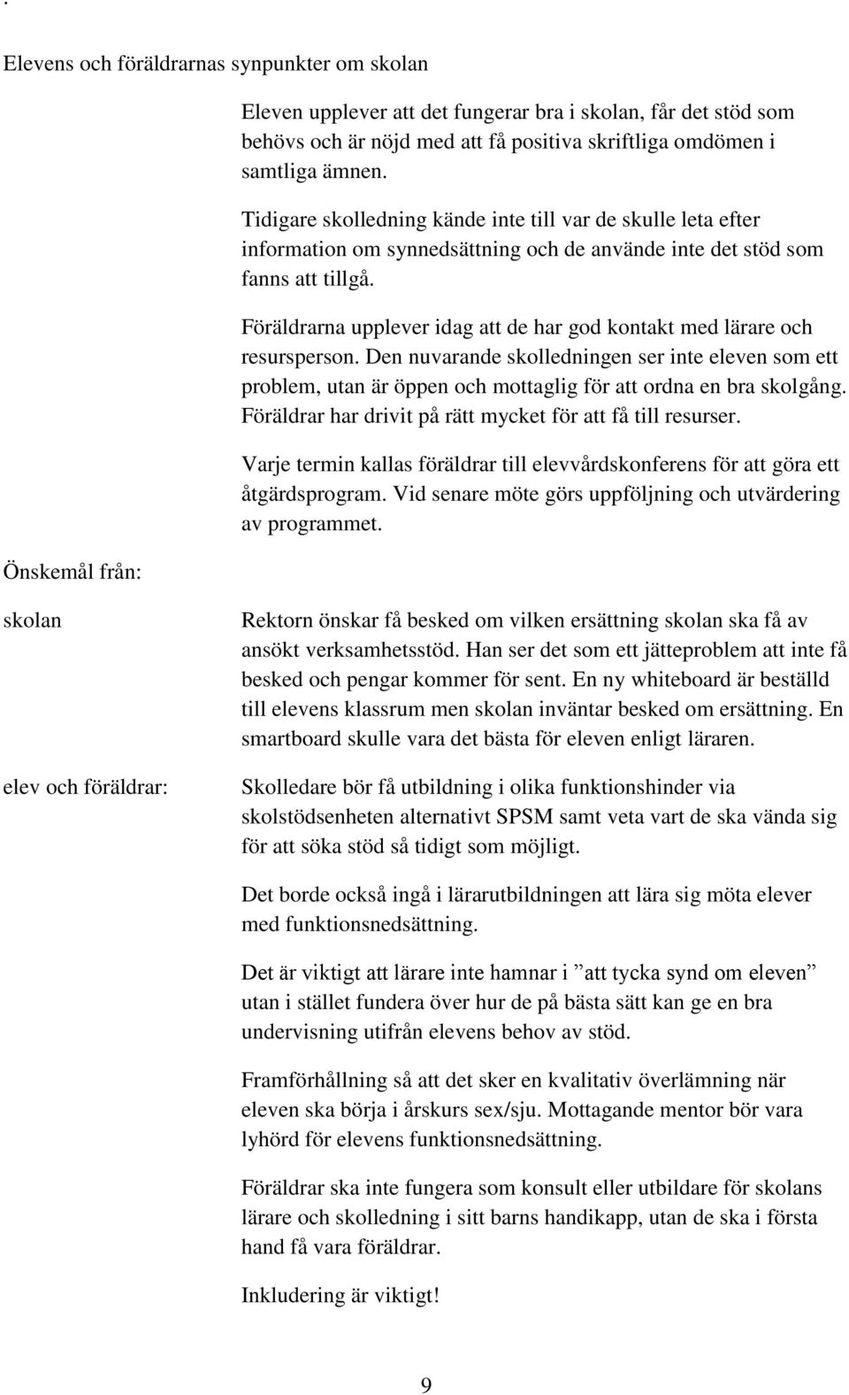 Föräldrarna upplever idag att de har god kontakt med lärare och resursperson. Den nuvarande skolledningen ser inte eleven som ett problem, utan är öppen och mottaglig för att ordna en bra skolgång.