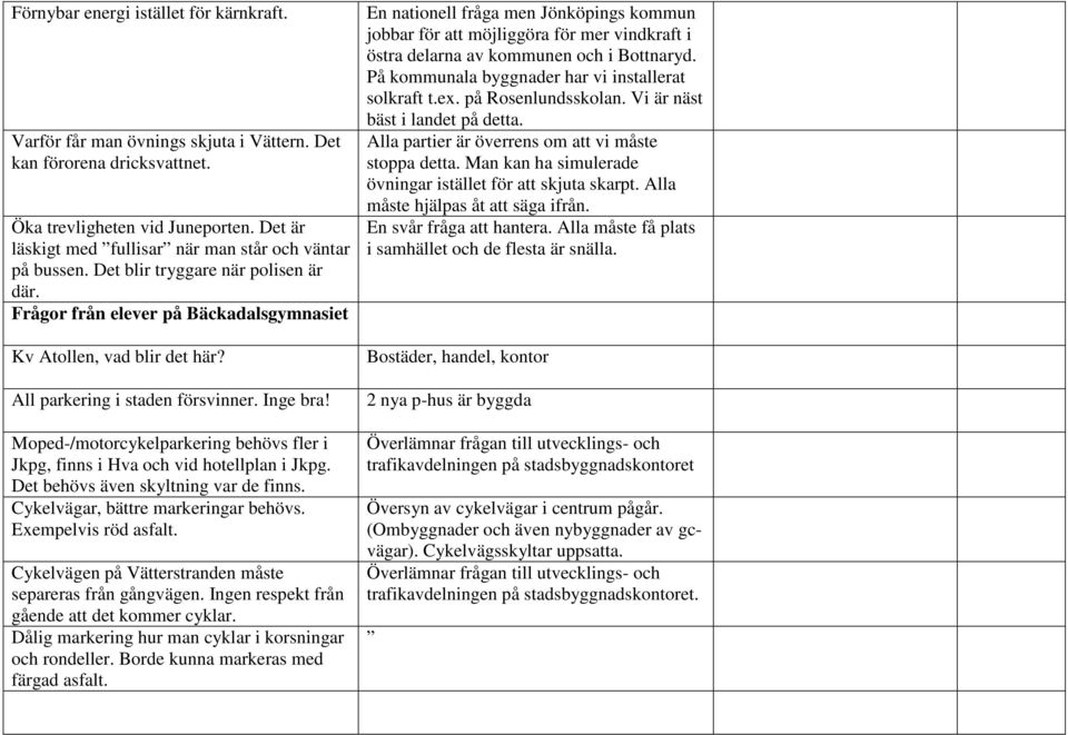 Frågor från elever på Bäckadalsgymnasiet En nationell fråga men Jönköpings kommun jobbar för att möjliggöra för mer vindkraft i östra delarna av kommunen och i Bottnaryd.