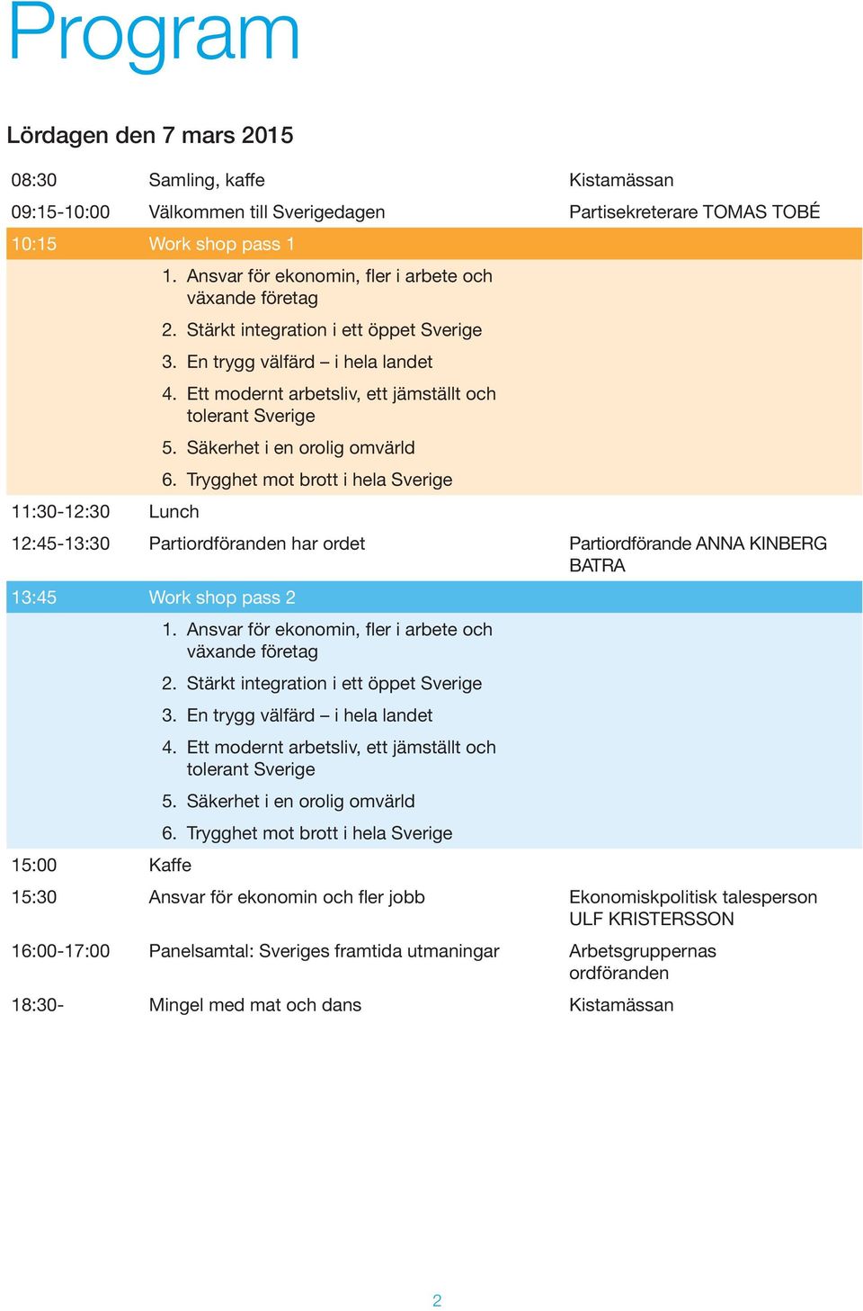 Säkerhet i en orolig omvärld 6. Trygghet mot brott i hela 12:45-13:30 Partiordföranden har ordet Partiordförande ANNA KINBERG BATRA 13:45 Work shop pass 2 15:00 Kaffe 1.