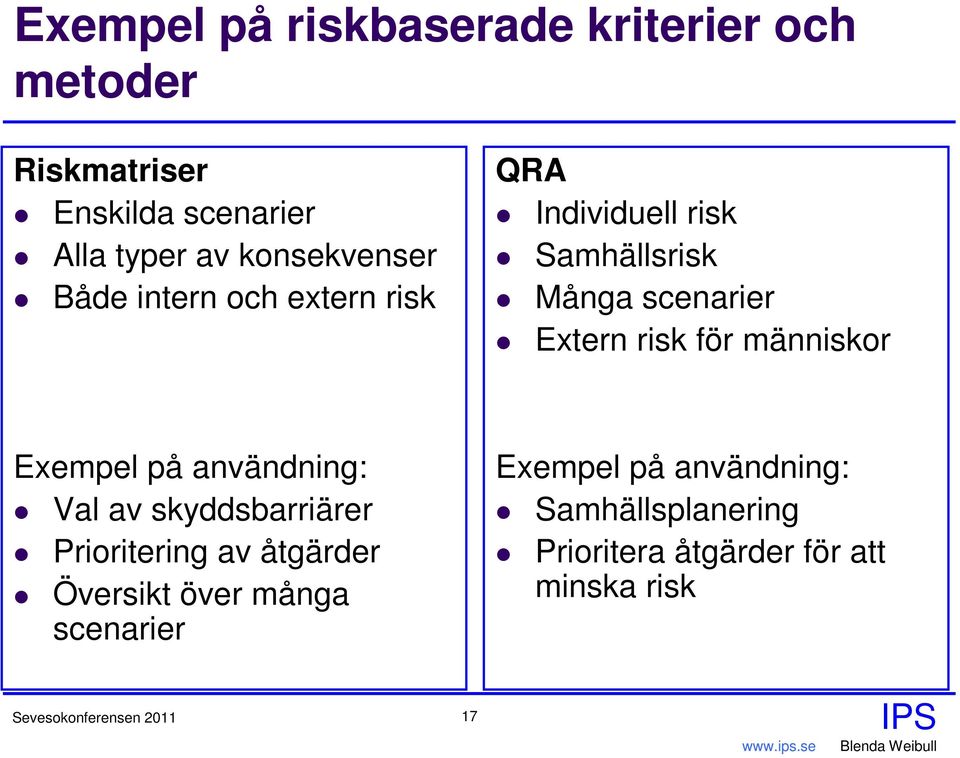 för människor Exempel på användning: Val av skyddsbarriärer Prioritering av åtgärder Översikt över