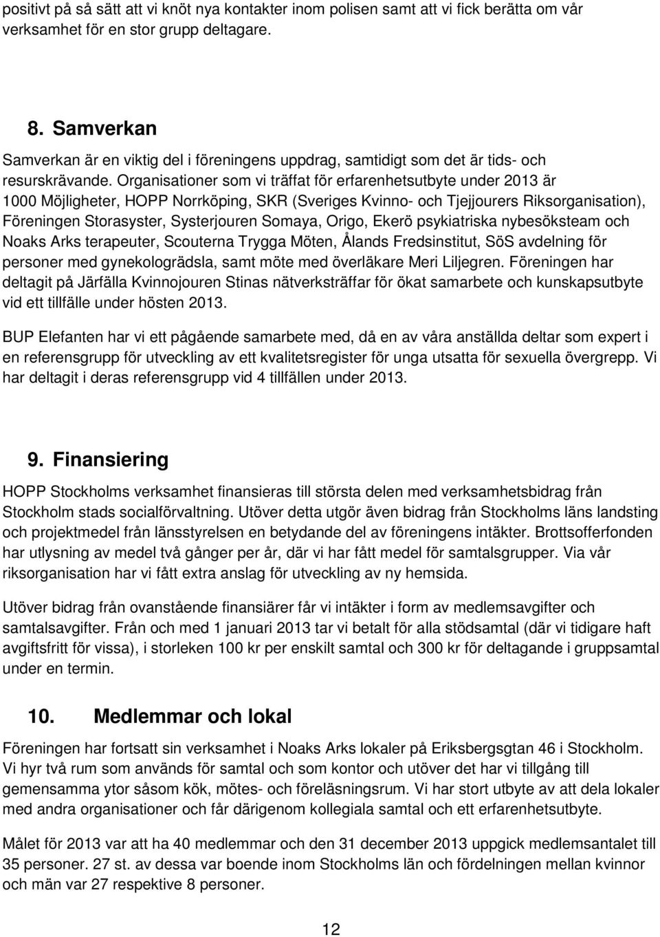 Organisationer som vi träffat för erfarenhetsutbyte under 2013 är 1000 Möjligheter, HOPP Norrköping, SKR (Sveriges Kvinno- och Tjejjourers Riksorganisation), Föreningen Storasyster, Systerjouren