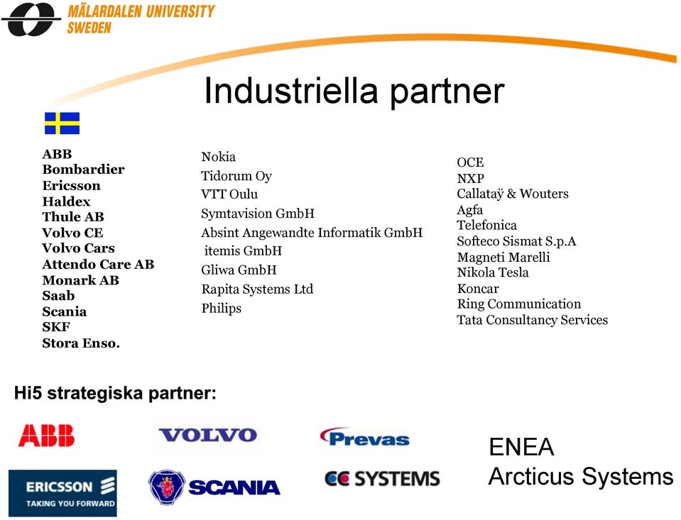 Nokia Tidorum Oy VTT Oulu Symtavision GmbH Absint Angewandte Informatik GmbH itemis GmbH Gliwa GmbH Rapita