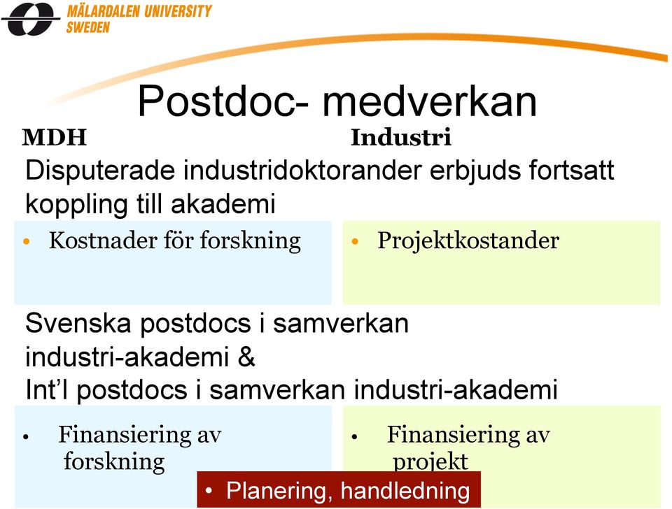 Svenska postdocs i samverkan industri-akademi & Int l postdocs i samverkan