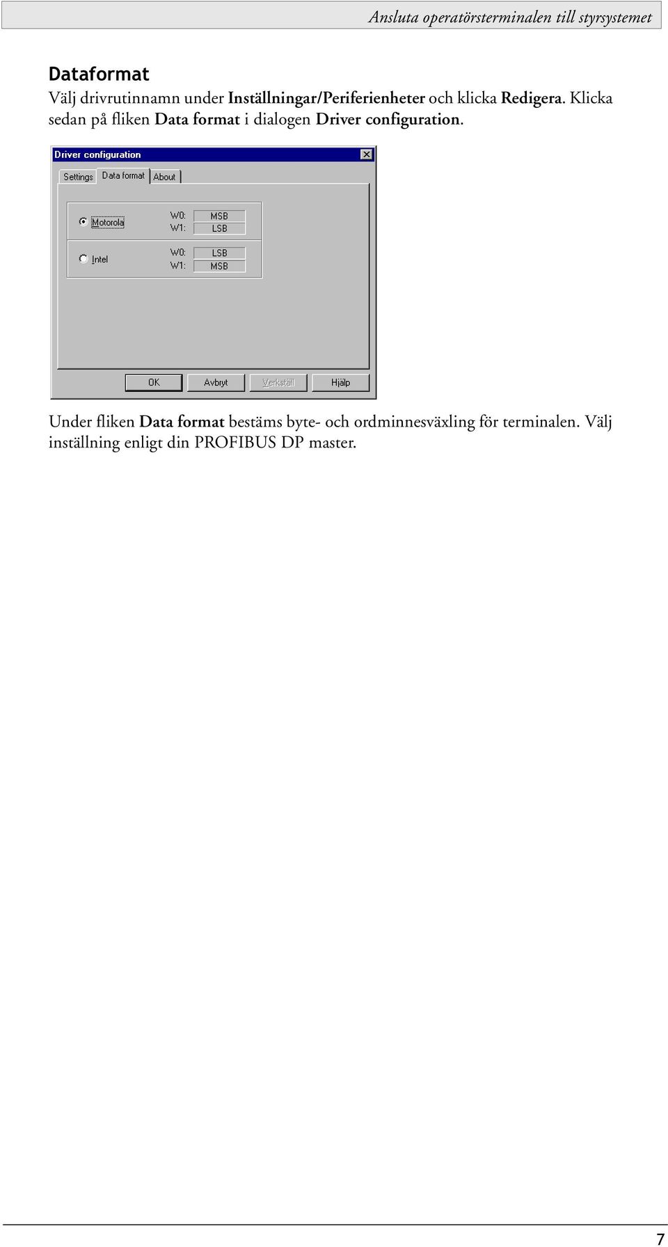 Klicka sedan på fliken Data format i dialogen Driver configuration.