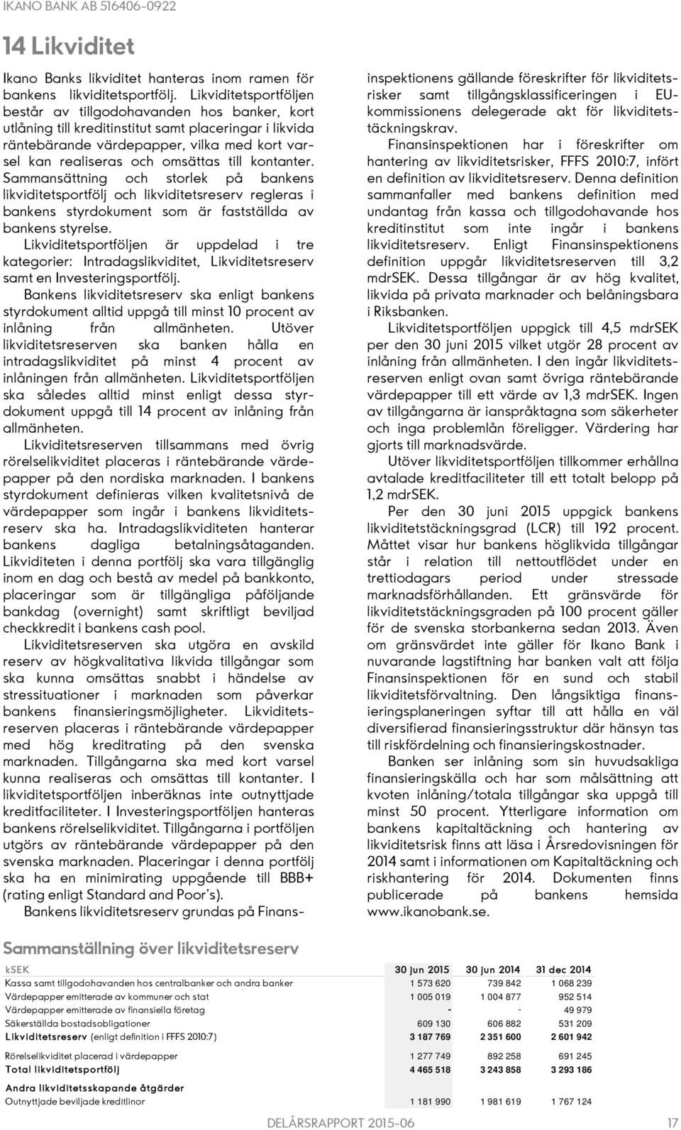 till kontanter. Sammansättning och storlek på bankens likviditetsportfölj och likviditetsreserv regleras i bankens styrdokument som är fastställda av bankens styrelse.