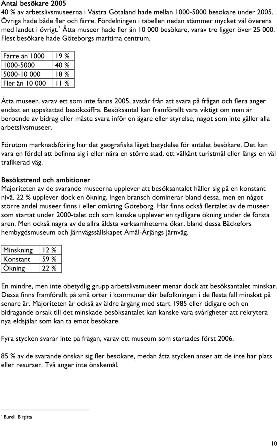 Färre än 1000 19 % 1000-5000 40 % 5000-10 000 18 % Fler än 10 000 11 % Åtta museer, varav ett som inte fanns 2005, avstår från att svara på frågan och flera anger endast en uppskattad besökssiffra.