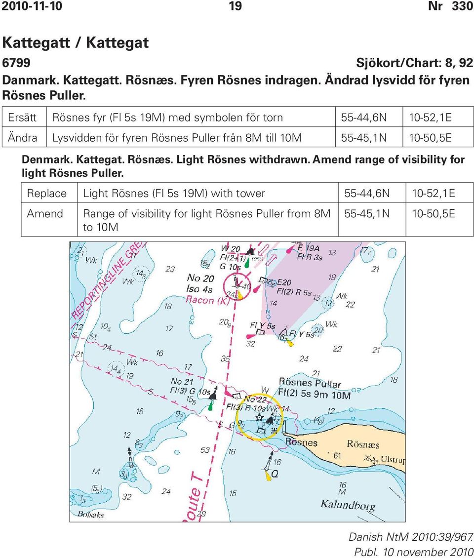 Ersätt Rösnes fyr (Fl 5s 19M) med symbolen för torn 55-44,6N 10-52,1E Ändra Lysvidden för fyren Rösnes Puller från 8M till 10M 55-45,1N