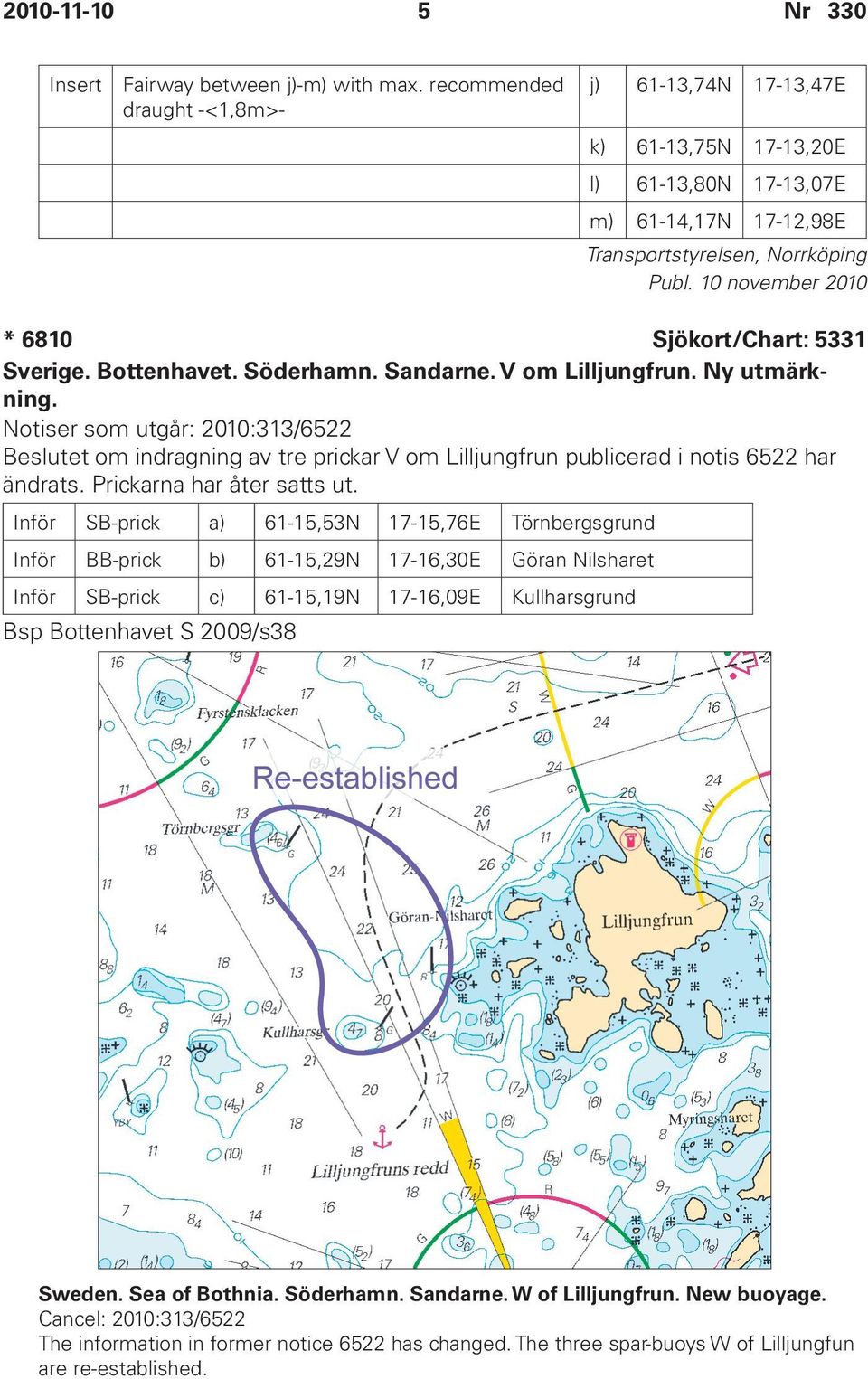 Söderhamn. Sandarne. V om Lilljungfrun. Ny utmärkning. Notiser som utgår: 2010:313/6522 Beslutet om indragning av tre prickar V om Lilljungfrun publicerad i notis 6522 har ändrats.