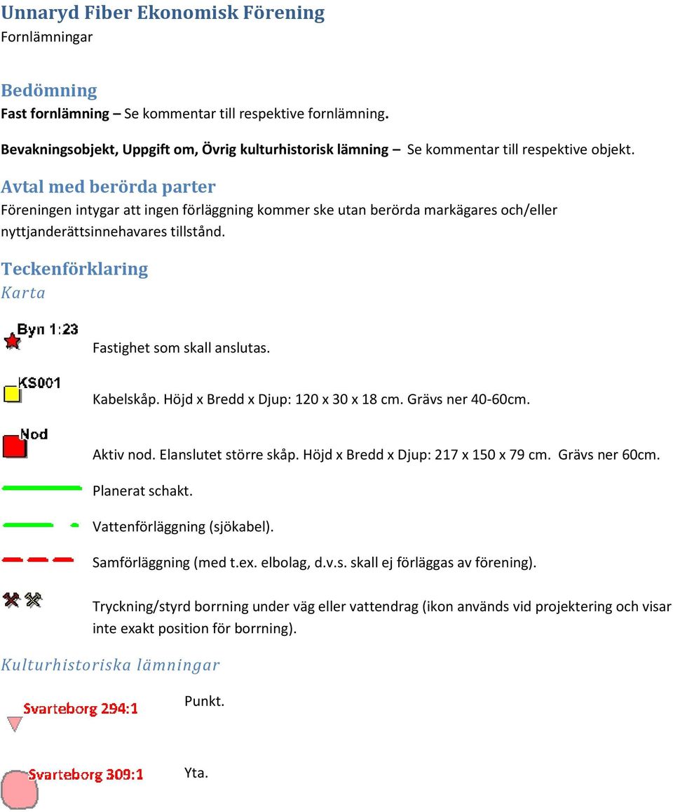 Avtal med berörda parter Föreningen intygar att ingen förläggning kommer ske utan berörda markägares och/eller nyttjanderättsinnehavares tillstånd. Teckenförklaring Karta Fastighet som skall anslutas.