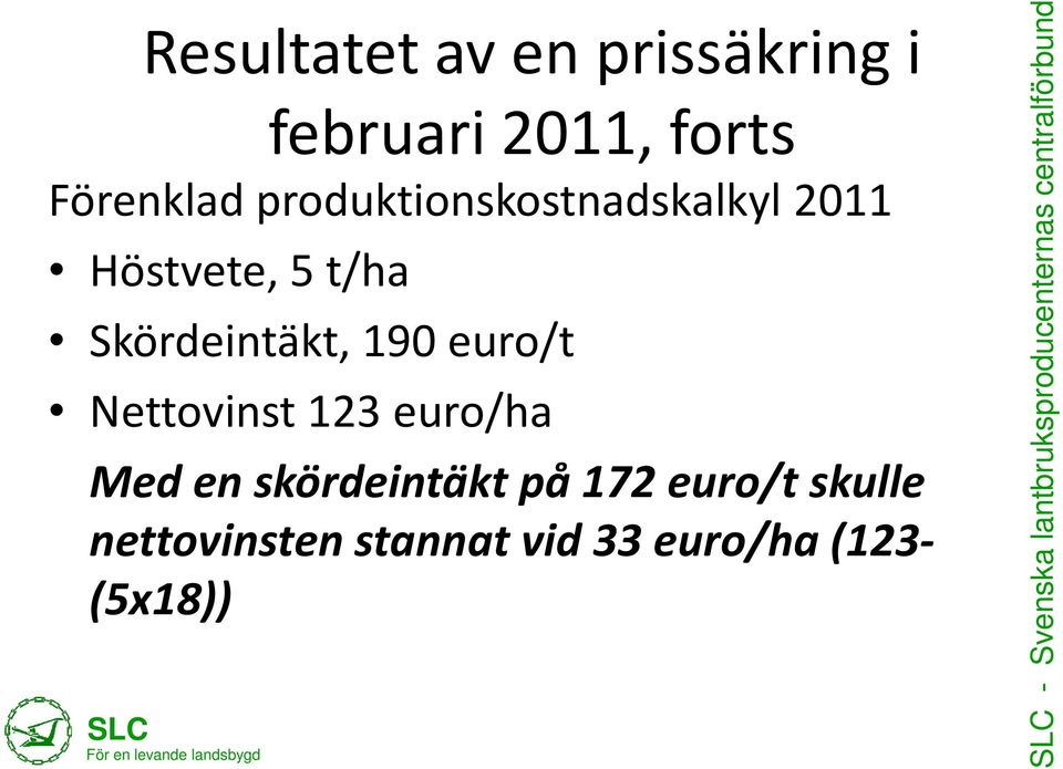 Nettovinst 123 euro/ha Med en skördeintäkt på 172 euro/t skulle