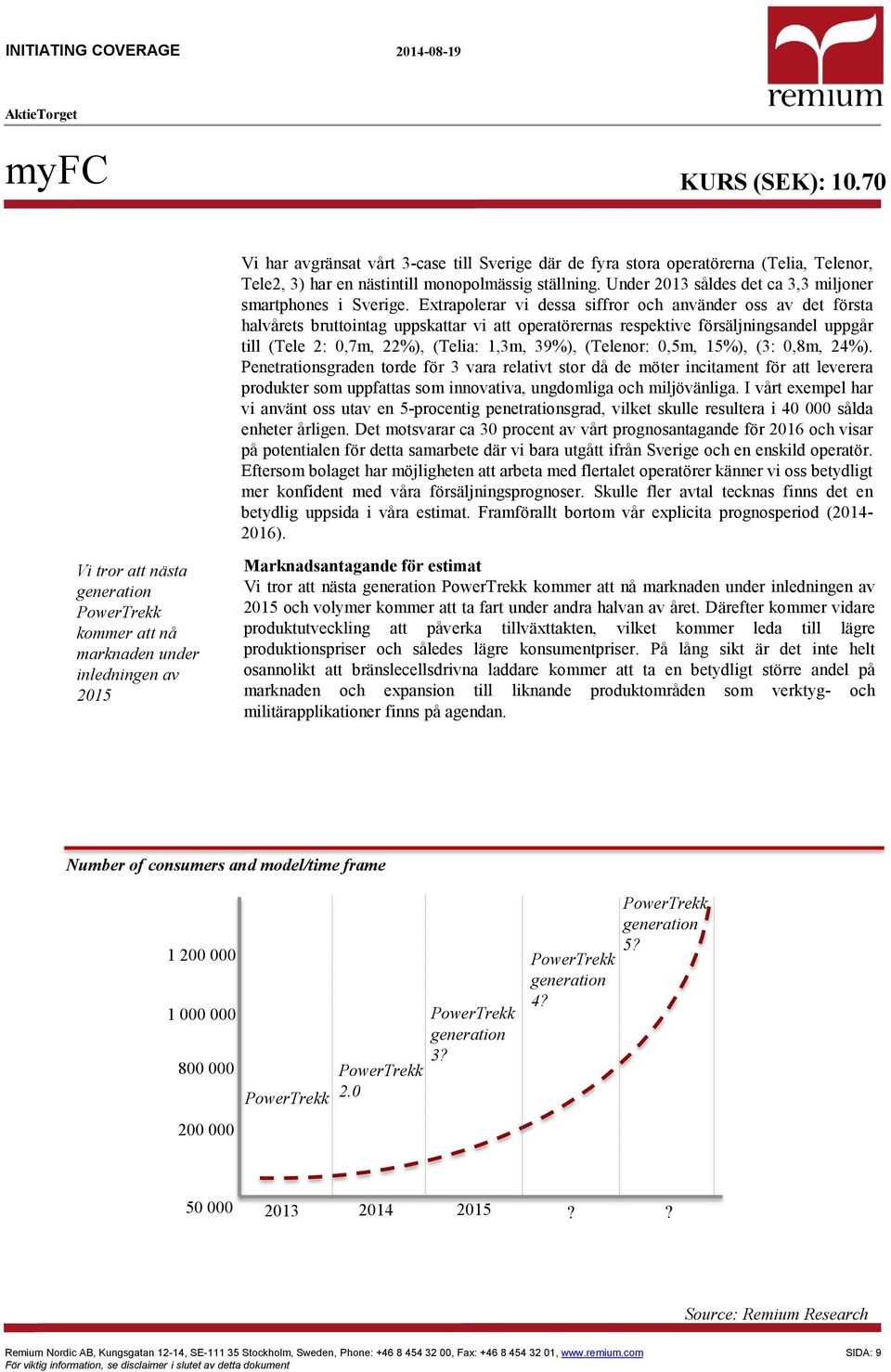 Extrapolerar vi dessa siffror och använder oss av det första halvårets bruttointag uppskattar vi att operatörernas respektive försäljningsandel uppgår till (Tele 2: 0,7m, 22%), (Telia: 1,3m, 39%),