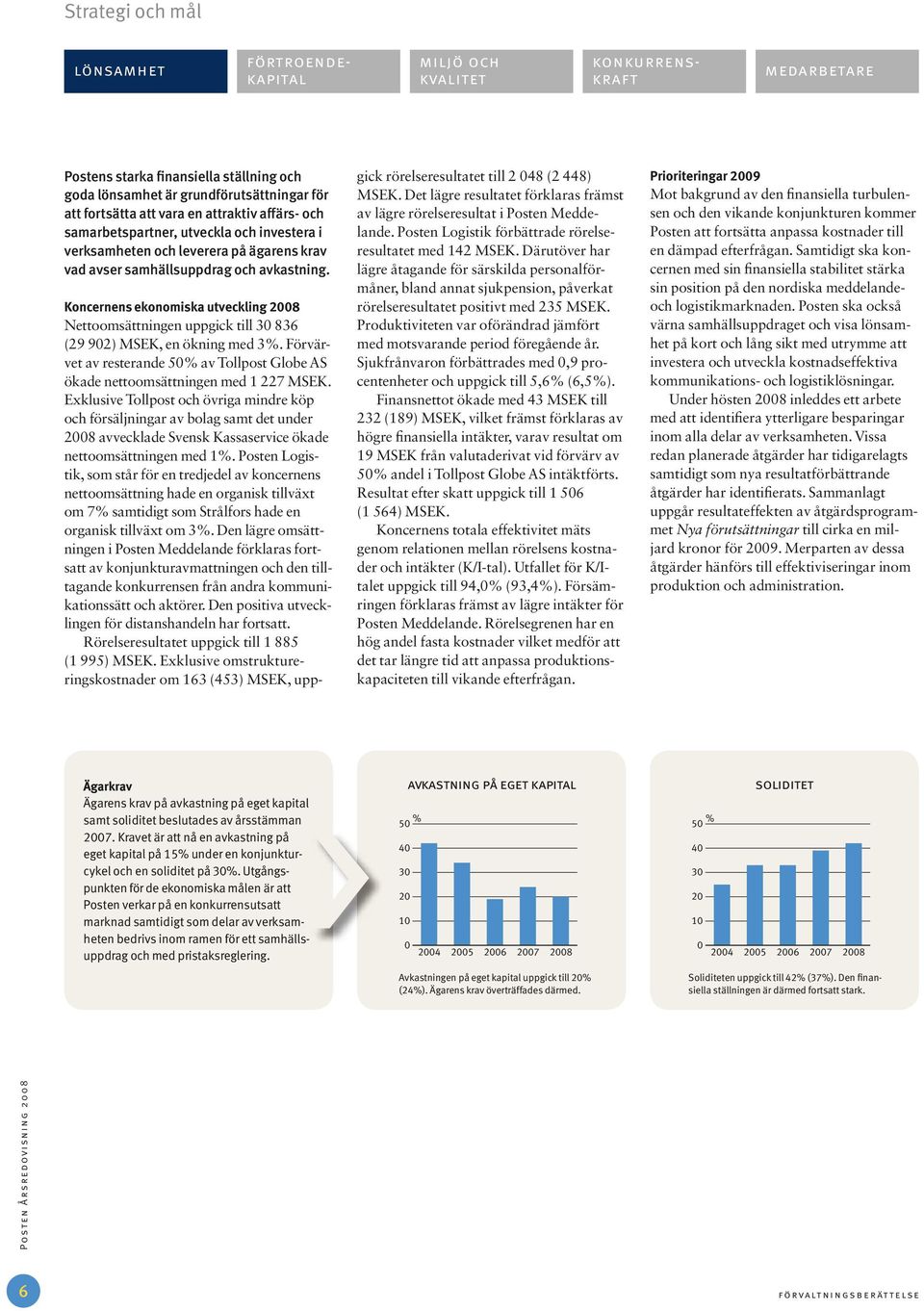 Koncernens ekonomiska utveckling 2008 Nettoomsättningen uppgick till 30 836 (29 902) MSEK, en ökning med 3%. Förvärvet av resterande 50% av Tollpost Globe AS ökade nettoomsättningen med 1 227 MSEK.