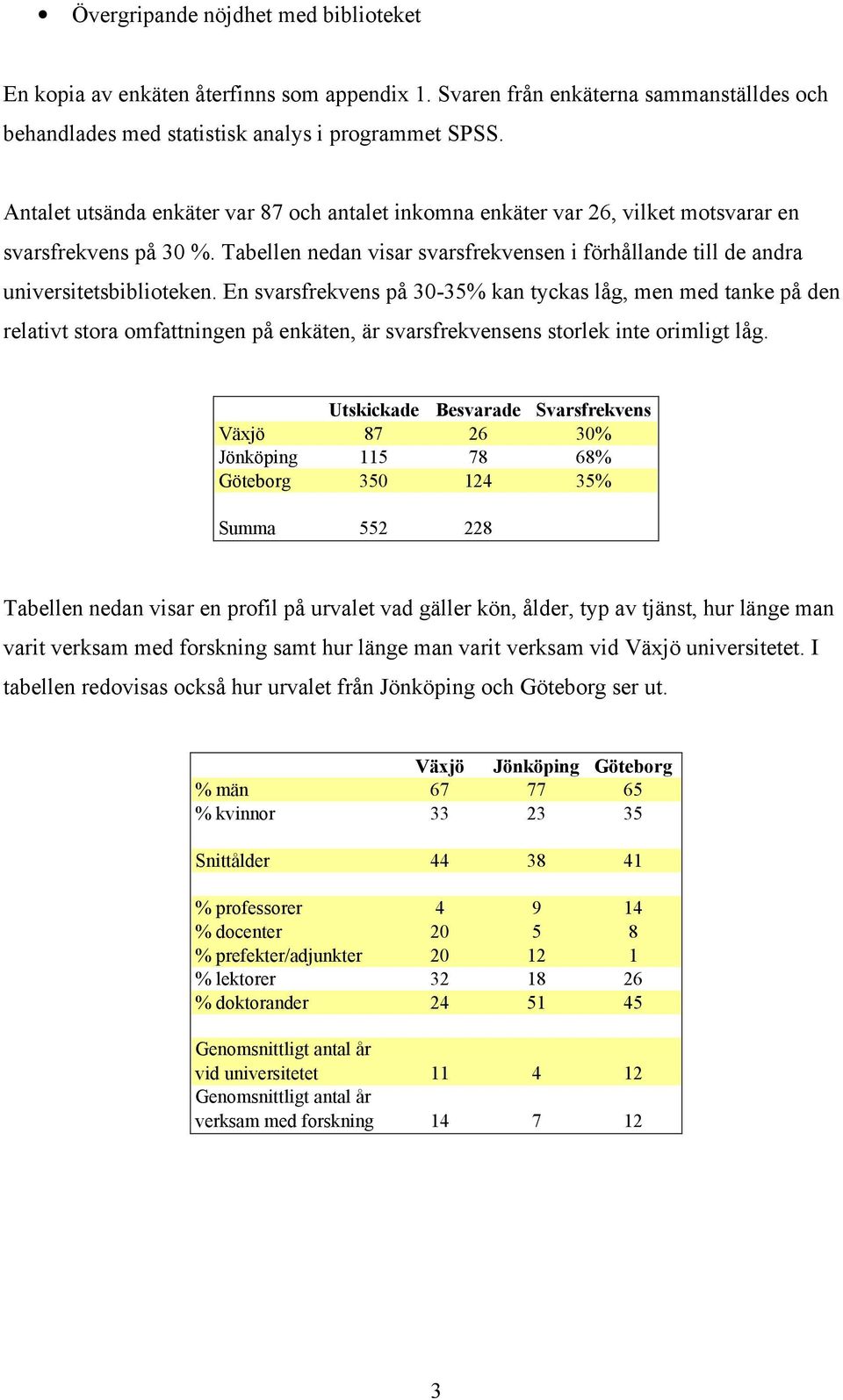 En svarsfrekvens på 3-35% kan tyckas låg, men med tanke på den relativt stora omfattningen på enkäten, är svarsfrekvensens storlek inte orimligt låg.