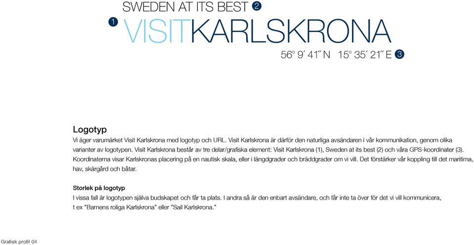 Koordinaterna visar Karlskronas placering på en nautisk skala, eller i längdgrader och bräddgrader om vi vill. Det förstärker vår koppling till det maritima, hav, skärgård och båtar.