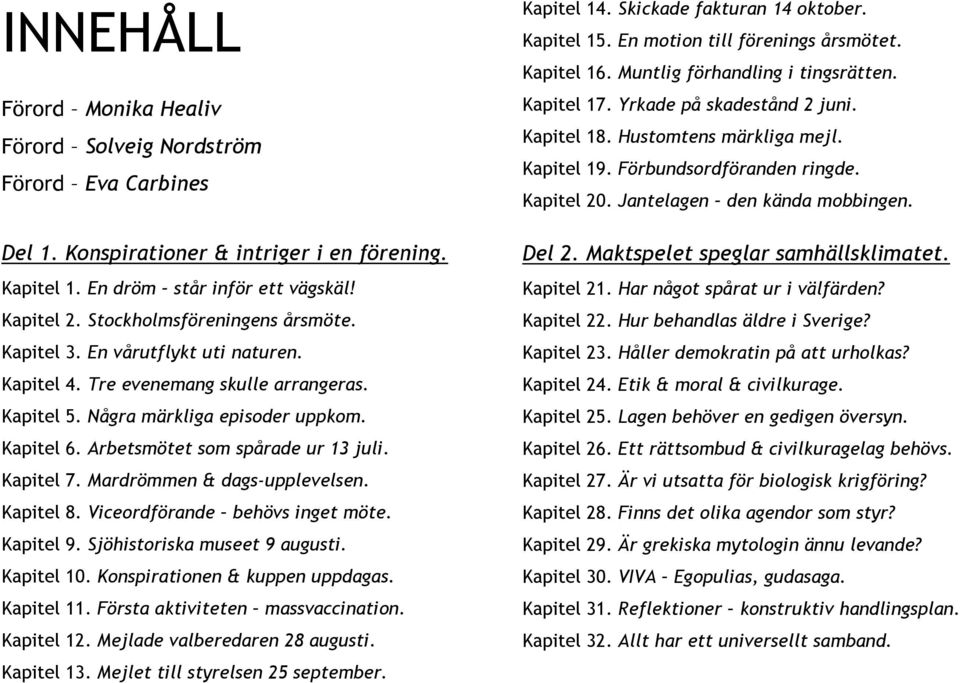 Arbetsmötet som spårade ur 13 juli. Kapitel 7. Mardrömmen & dags-upplevelsen. Kapitel 8. Viceordförande behövs inget möte. Kapitel 9. Sjöhistoriska museet 9 augusti. Kapitel 10.