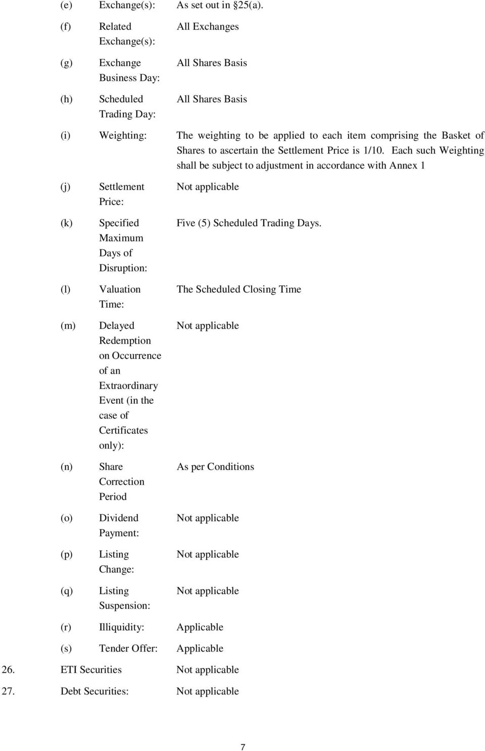 Basket of Shares to ascertain the Settlement Price is 1/10.