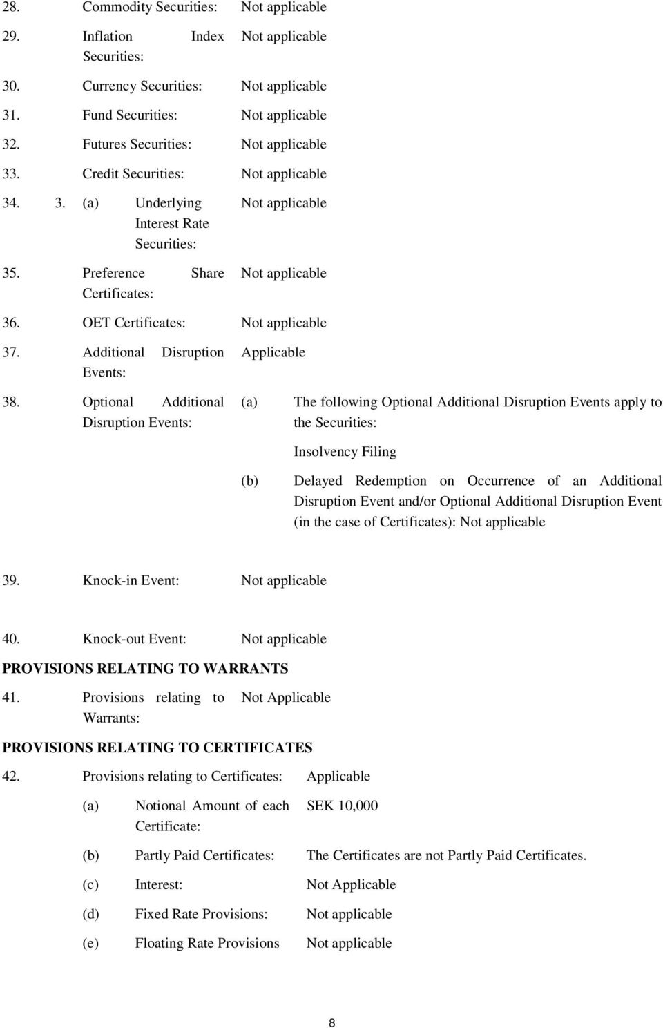 Optional Additional Disruption Events: (a) (b) The following Optional Additional Disruption Events apply to the Securities: Insolvency Filing Delayed Redemption on Occurrence of an Additional