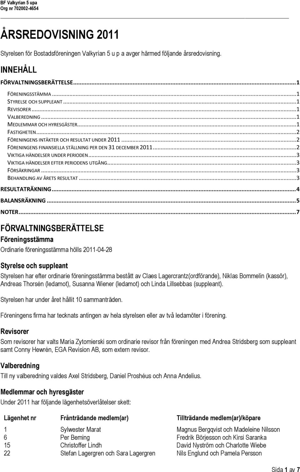 .. 2 VIKTIGA HÄNDELSER UNDER PERIODEN... 3 VIKTIGA HÄNDELSER EFTER PERIODENS UTGÅNG... 3 FÖRSÄKRINGAR... 3 BEHANDLING AV ÅRETS RESULTAT... 3 RESULTATRÄKNING... 4 BALANSRÄKNING... 5 NOTER.