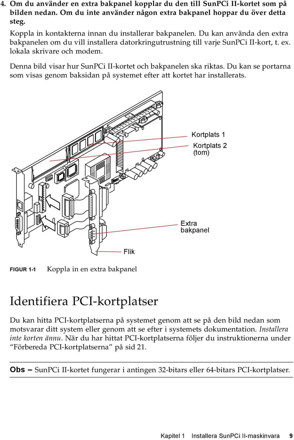 Denna bild visar hur SunPCi II-kortet och bakpanelen ska riktas. Du kan se portarna som visas genom baksidan på systemet efter att kortet har installerats.