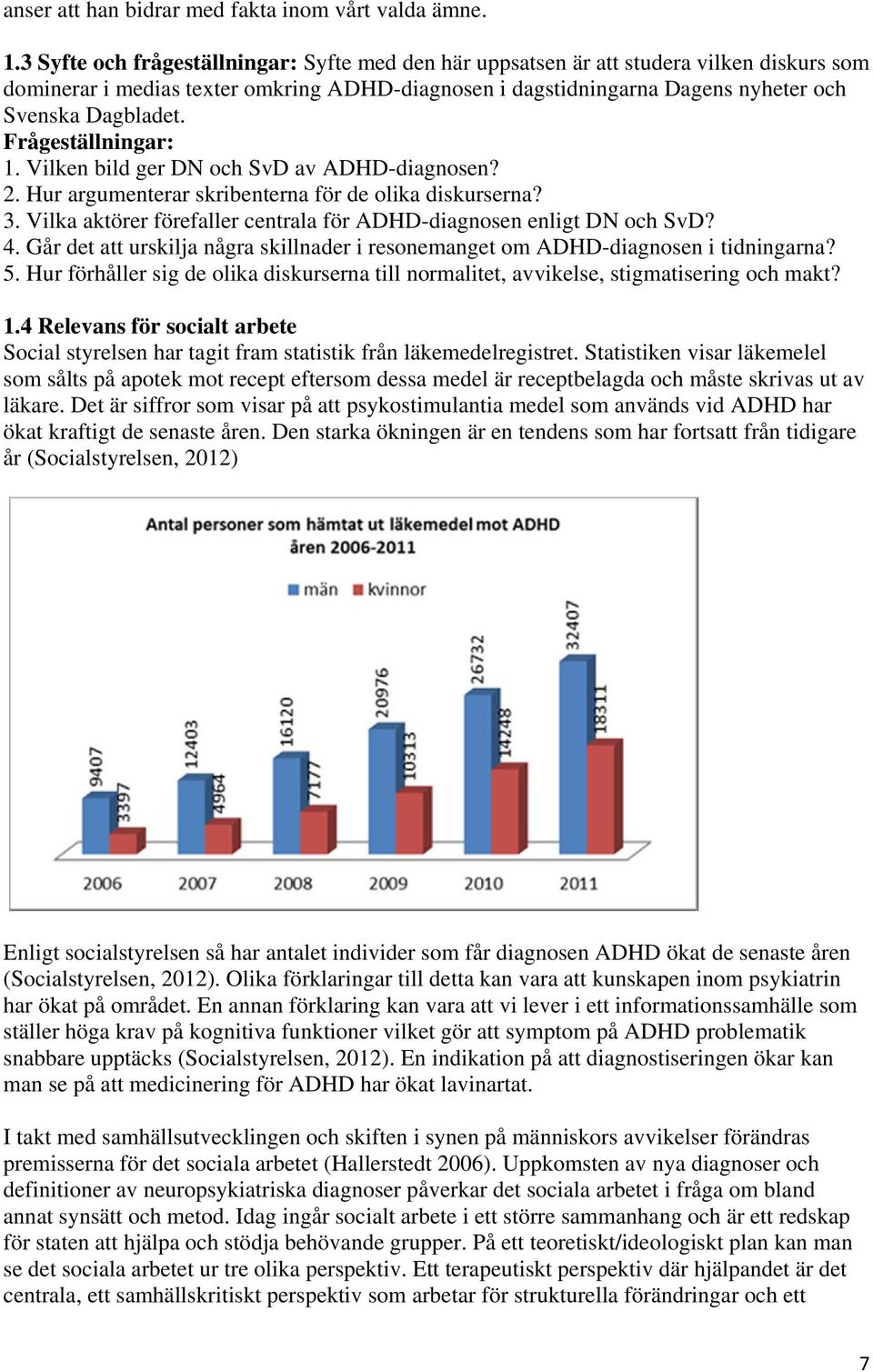 Frågeställningar: 1. Vilken bild ger DN och SvD av ADHD-diagnosen? 2. Hur argumenterar skribenterna för de olika diskurserna? 3. Vilka aktörer förefaller centrala för ADHD-diagnosen enligt DN och SvD?