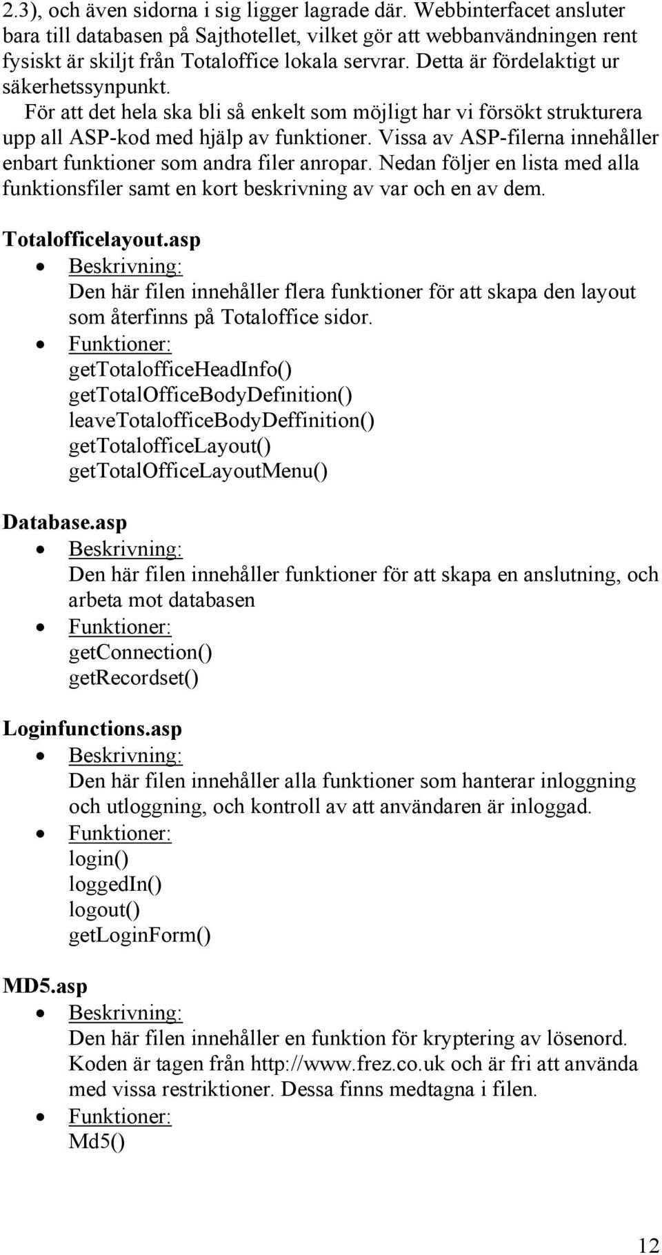 Vissa av ASP-filerna innehåller enbart funktioner som andra filer anropar. Nedan följer en lista med alla funktionsfiler samt en kort beskrivning av var och en av dem. Totalofficelayout.