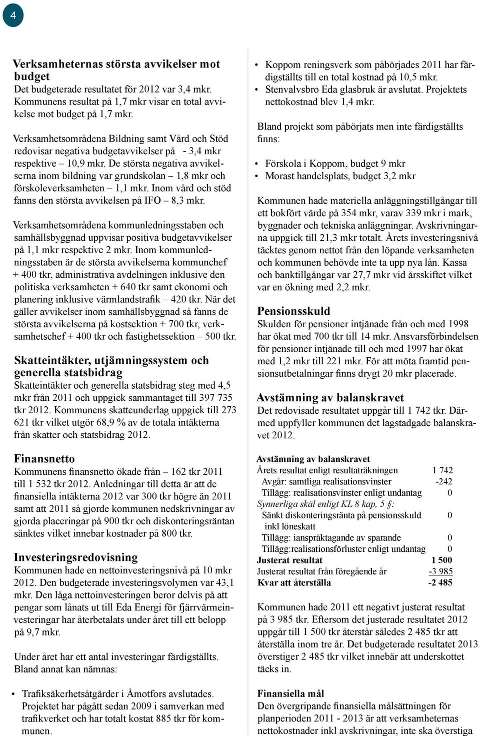 De största negativa avvikelserna inom bildning var grundskolan 1,8 mkr och förskoleverksamheten 1,1 mkr. Inom vård och stöd fanns den största avvikelsen på IFO 8,3 mkr.