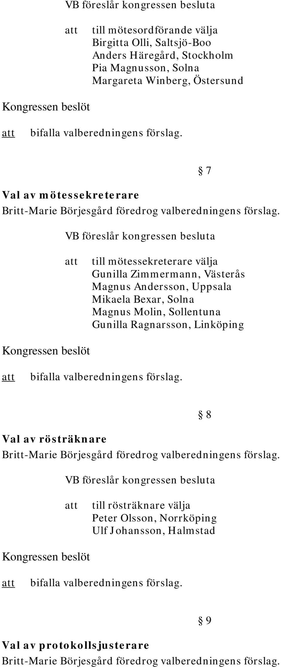 7 VB föreslår kongressen besluta till mötessekreterare välja Gunilla Zimmermann, Västerås Magnus Andersson, Uppsala Mikaela Bexar, Solna Magnus Molin, Sollentuna Gunilla Ragnarsson, Linköping bifalla