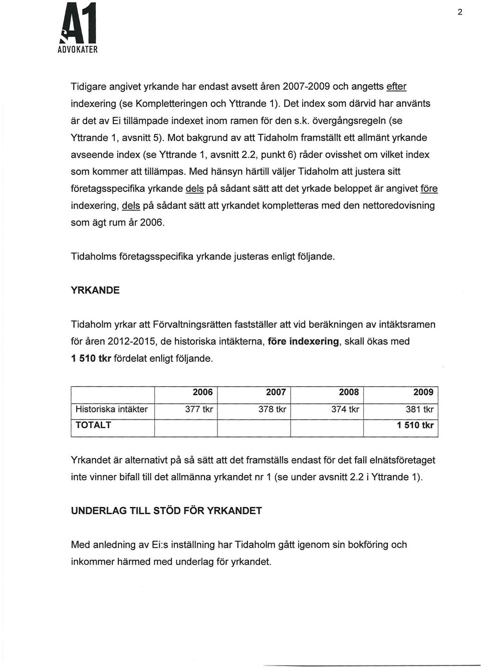 Mot bakgrund av att Tidaholm framställt ett allmänt yrkande avseende index (se Yttrande 1, avsnitt 2.2, punkt 6) råder ovisshet om vilket index som kommer att tillämpas.