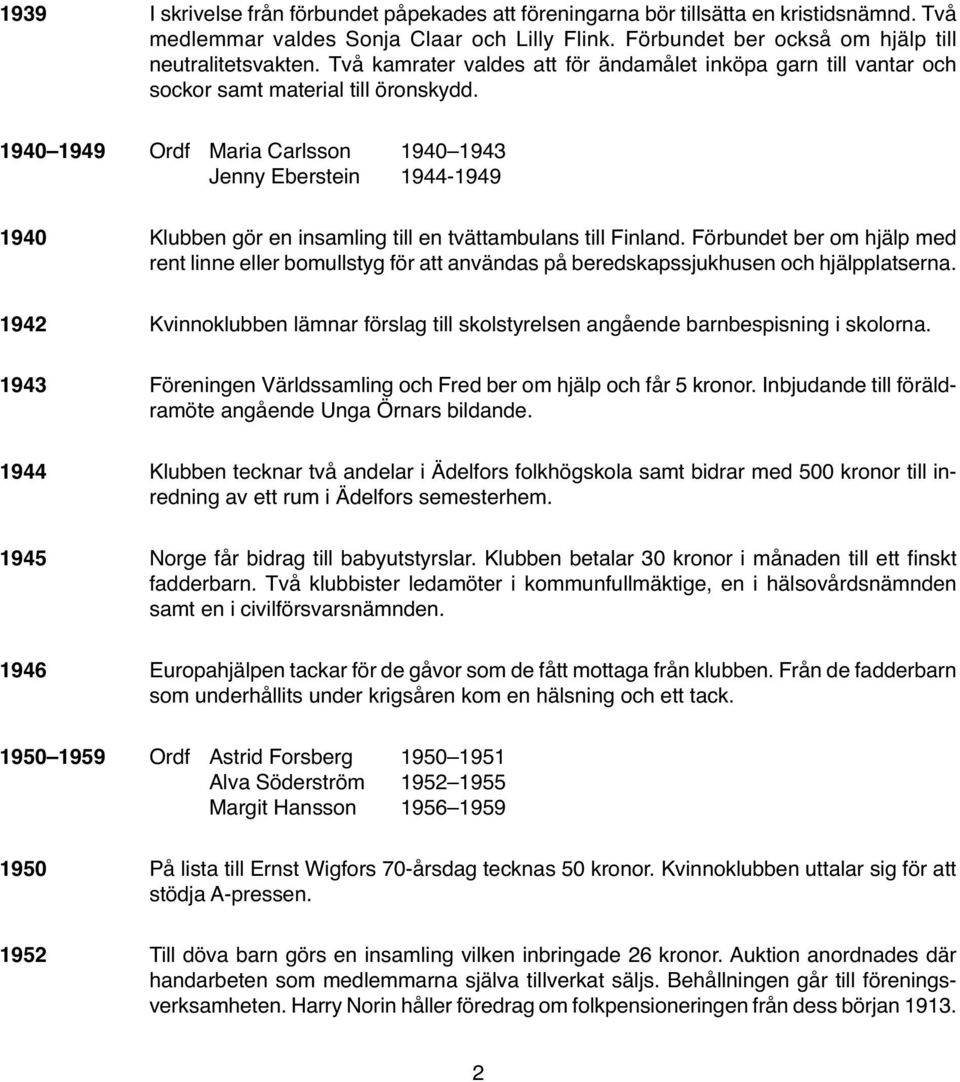 Ordf Maria Carlsson 1940 1943 Jenny Eberstein 1944-1949 Klubben gör en insamling till en tvättambulans till Finland.