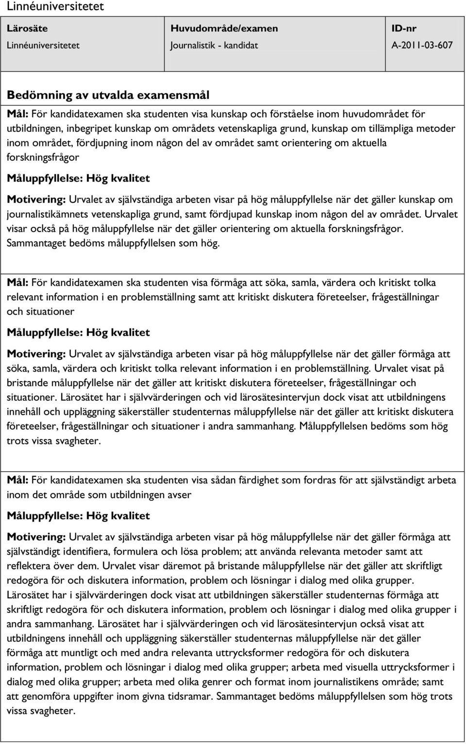 om aktuella forskningsfrågor Måluppfyllelse: Hög kvalitet Motivering: Urvalet av självständiga arbeten visar på hög måluppfyllelse när det gäller kunskap om journalistikämnets vetenskapliga grund,