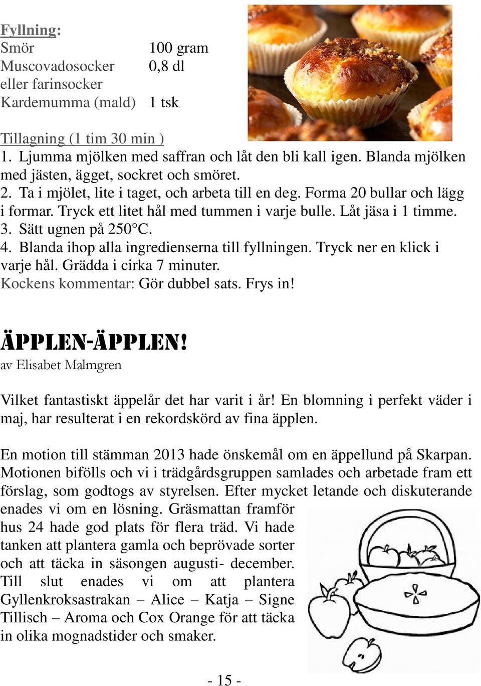 Låt jäsa i 1 timme. 3. Sätt ugnen på 250 C. 4. Blanda ihop alla ingredienserna till fyllningen. Tryck ner en klick i varje hål. Grädda i cirka 7 minuter. Kockens kommentar: Gör dubbel sats. Frys in!