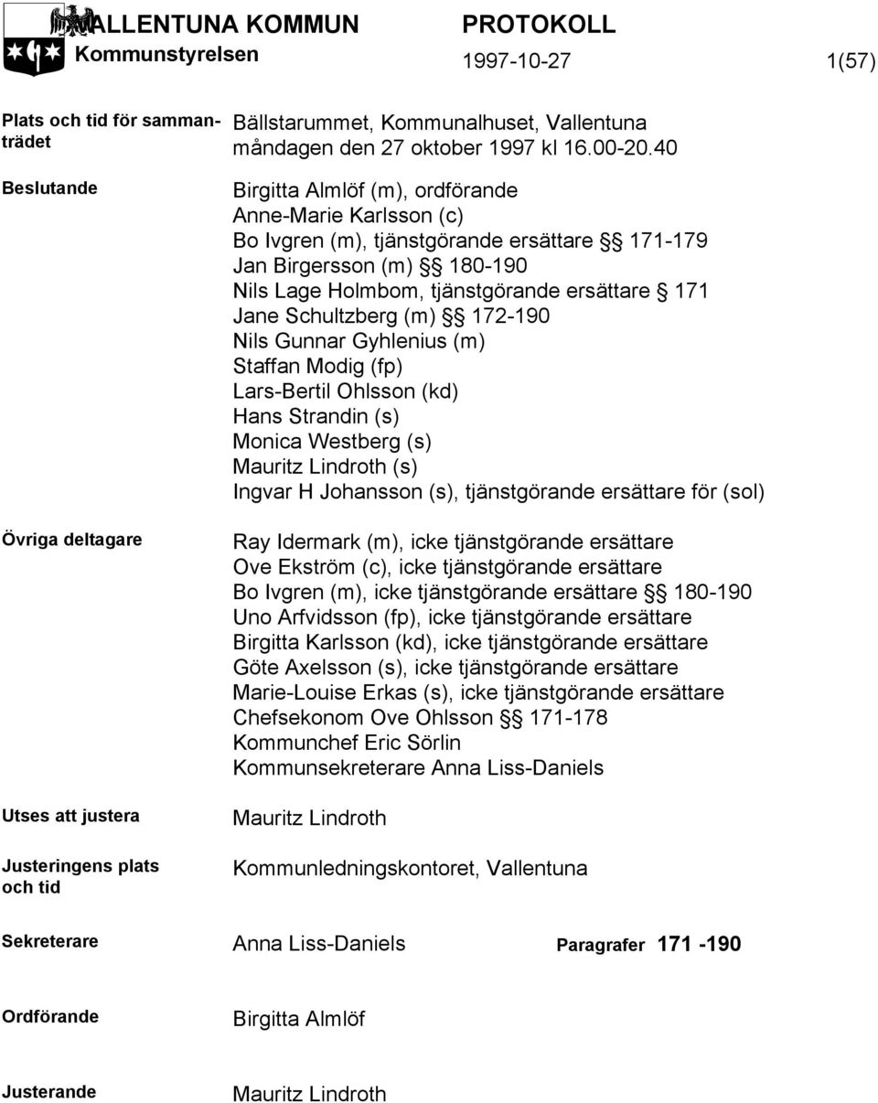 40 Birgitta Almlöf (m), ordförande Anne-Marie Karlsson (c) Bo Ivgren (m), tjänstgörande ersättare 171-179 Jan Birgersson (m) 180-190 Nils Lage Holmbom, tjänstgörande ersättare 171 Jane Schultzberg