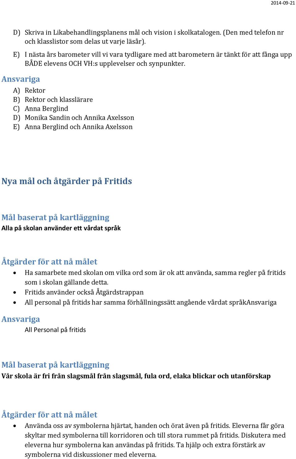 A) Rektor B) Rektor och klasslärare C) Anna Berglind D) Monika Sandin och Annika Axelsson E) Anna Berglind och Annika Axelsson Nya mål och åtgärder på Fritids Alla på skolan använder ett vårdat språk