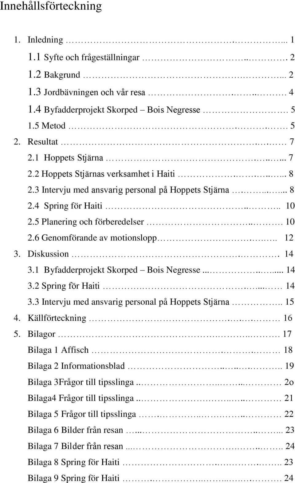 5 Planering och förberedelser... 10 2.6 Genomförande av motionslopp.... 12 3. Diskussion.. 14 3.1 Byfadderprojekt Skorped Bois Negresse........ 14 3.2 Spring för Haiti..... 14 3.3 Intervju med ansvarig personal på Hoppets Stjärna.