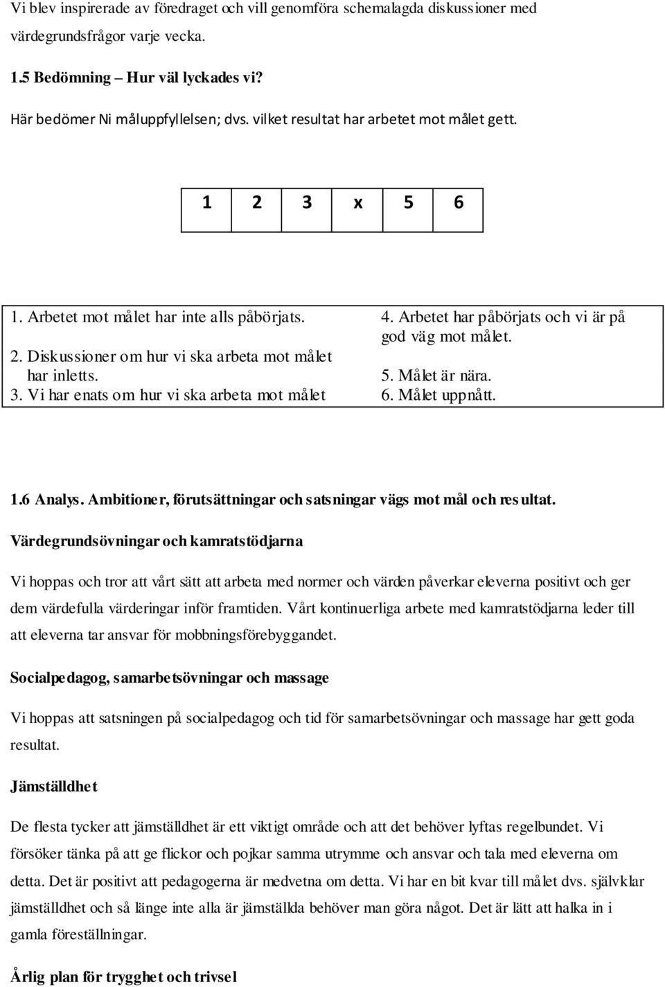 5. Målet är nära. 3. Vi har enats om hur vi ska arbeta mot målet 6. Målet uppnått. 1.6 Analys. Ambitioner, förutsättningar och satsningar vägs mot mål och res ultat.