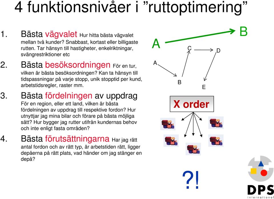 Kan ta hänsyn till tidspassningar på varje stopp, unik stopptid per kund, arbetstidsregler, raster mm. 3.