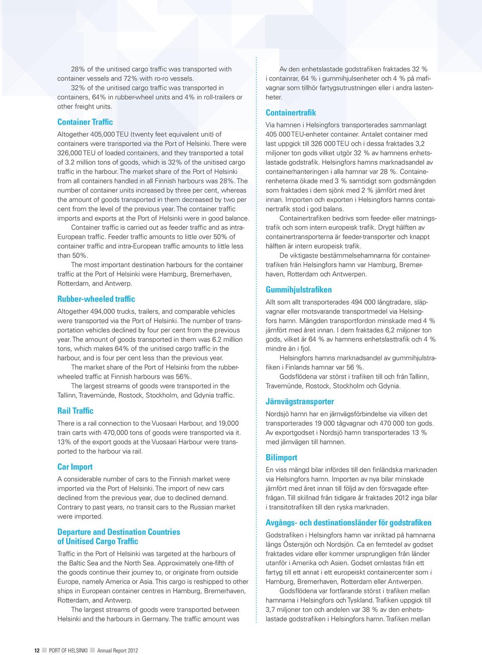 Container Traffic Altogether 405,000 TEU (twenty feet equivalent unit) of containers were transported via the Port of Helsinki.
