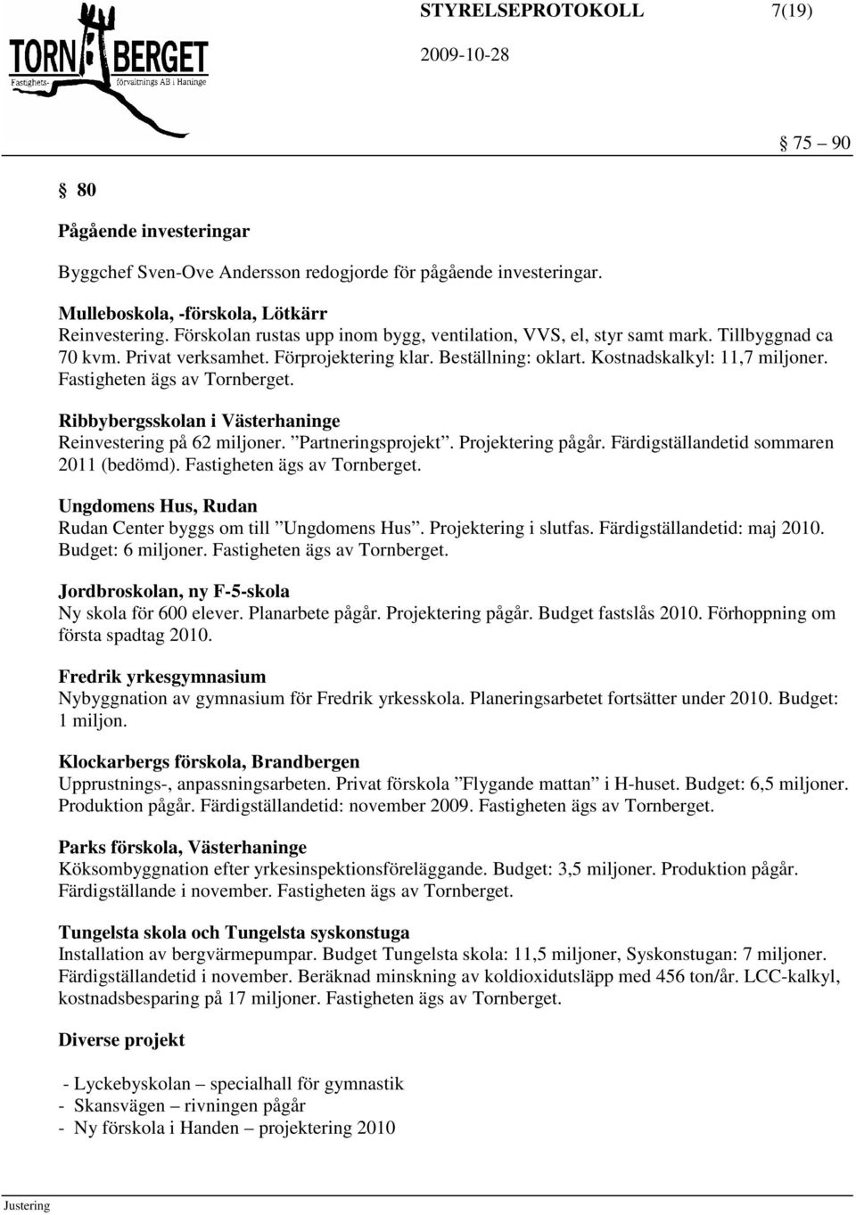 Fastigheten ägs av Tornberget. Ribbybergsskolan i Västerhaninge Reinvestering på 62 miljoner. Partneringsprojekt. Projektering pågår. Färdigställandetid sommaren 2011 (bedömd).