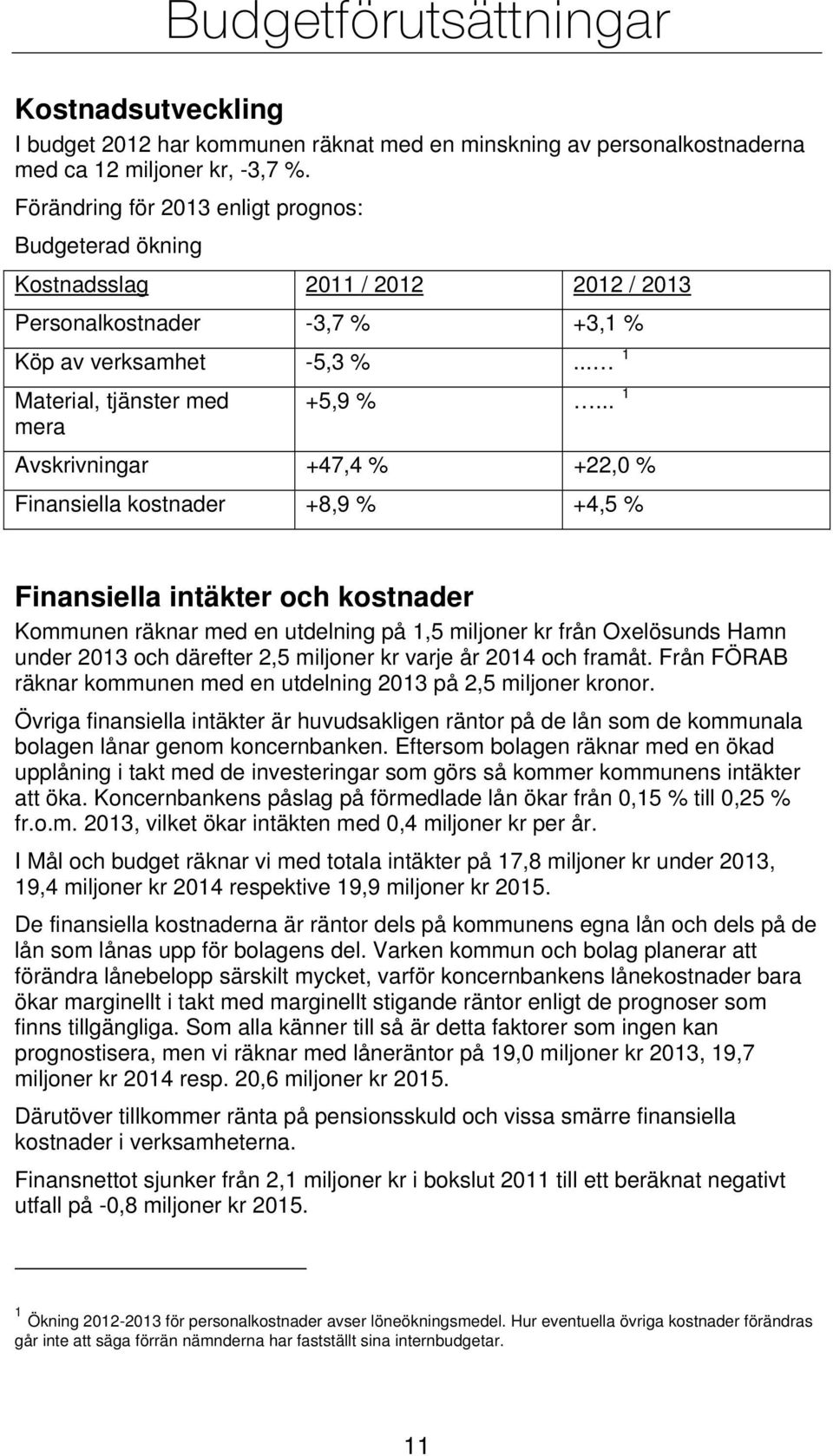 .. 1 Avskrivningar +47,4 % +22,0 % Finansiella kostnader +8,9 % +4,5 % Finansiella intäkter och kostnader Kommunen räknar med en utdelning på 1,5 miljoner kr från Oxelösunds Hamn under 2013 och