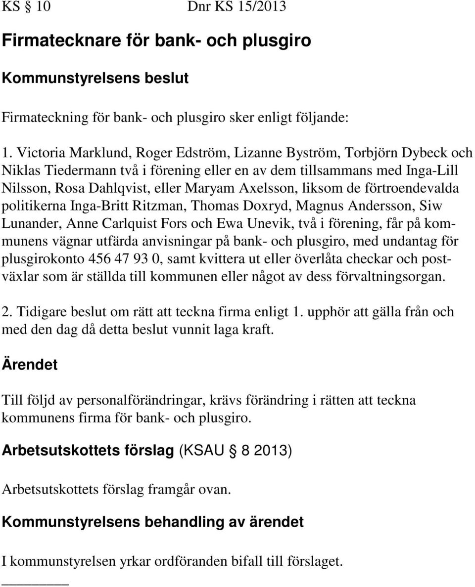 liksom de förtroendevalda politikerna Inga-Britt Ritzman, Thomas Doxryd, Magnus Andersson, Siw Lunander, Anne Carlquist Fors och Ewa Unevik, två i förening, får på kommunens vägnar utfärda