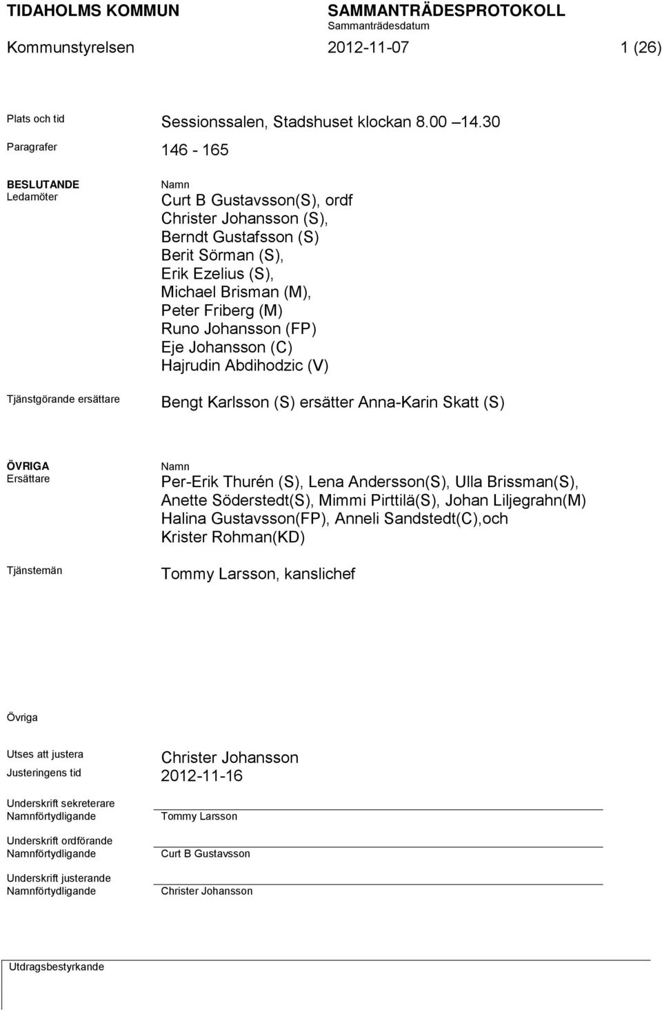 (M), Peter Friberg (M) Runo Johansson (FP) Eje Johansson (C) Hajrudin Abdihodzic (V) Bengt Karlsson (S) ersätter Anna-Karin Skatt (S) ÖVRIGA Ersättare Tjänstemän Namn Per-Erik Thurén (S), Lena