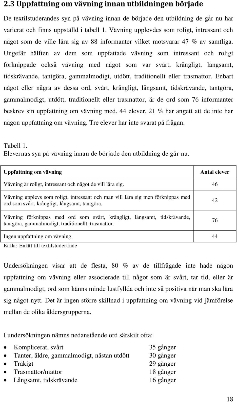 Ungefär hälften av dem som uppfattade vävning som intressant och roligt förknippade också vävning med något som var svårt, krångligt, långsamt, tidskrävande, tantgöra, gammalmodigt, utdött,