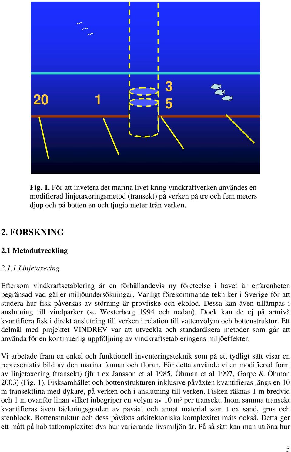 För att invetera det marina livet kring vindkraftverken användes en modifierad linjetaxeringsmetod (transekt) på verken på tre och fem meters djup och på botten en och tjugio meter från verken. 2.