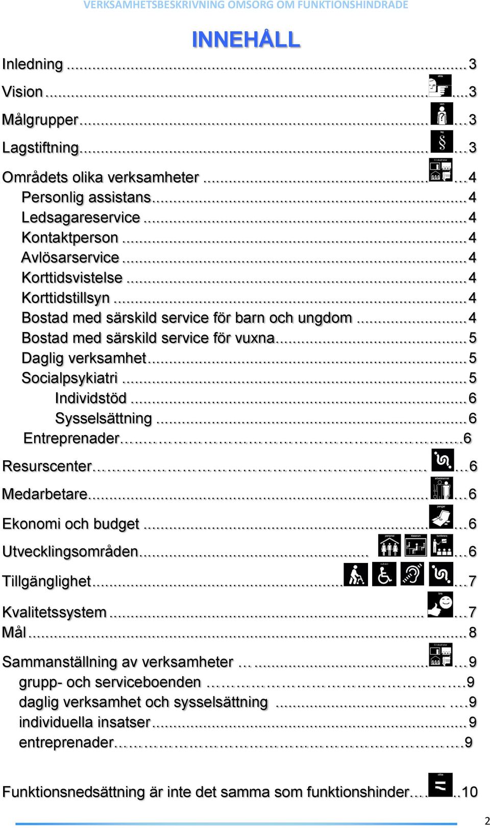 .. 5 Individstöd... 6 Sysselsättning... 6 Entreprenader...6 Resurscenter. 6 Medarbetare... 6 Ekonomi och budget... 6 Utvecklingsområden... 6 Tillgänglighet... 7 Kvalitetssystem... 7 Mål.