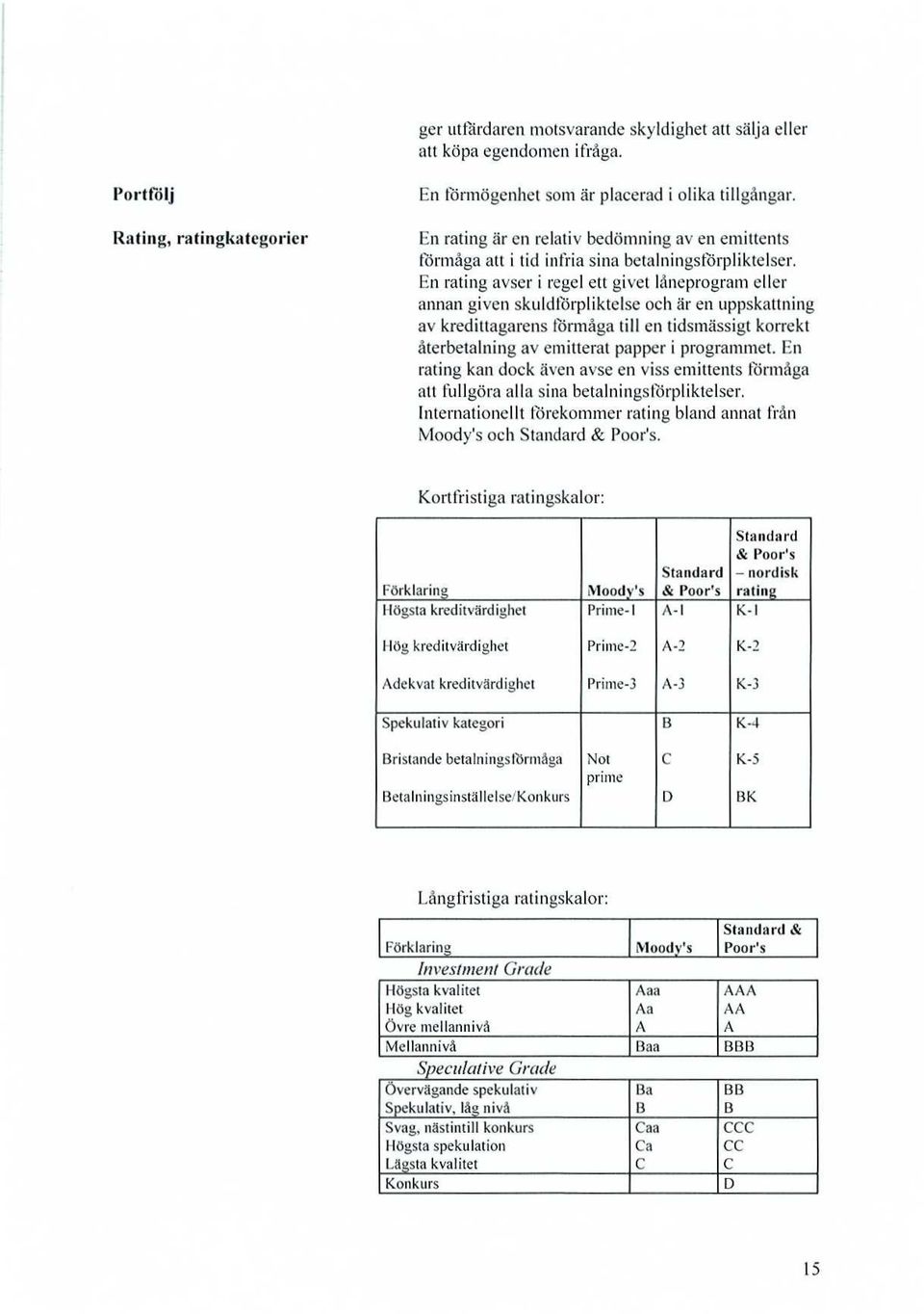 En rating avser i regel ett givet låneprogram eller annan given skuldförpliktelse och är en uppskattning av kredittagarens törmåga till en tidsmässigt korrekt återbetalning av emitterat papper i