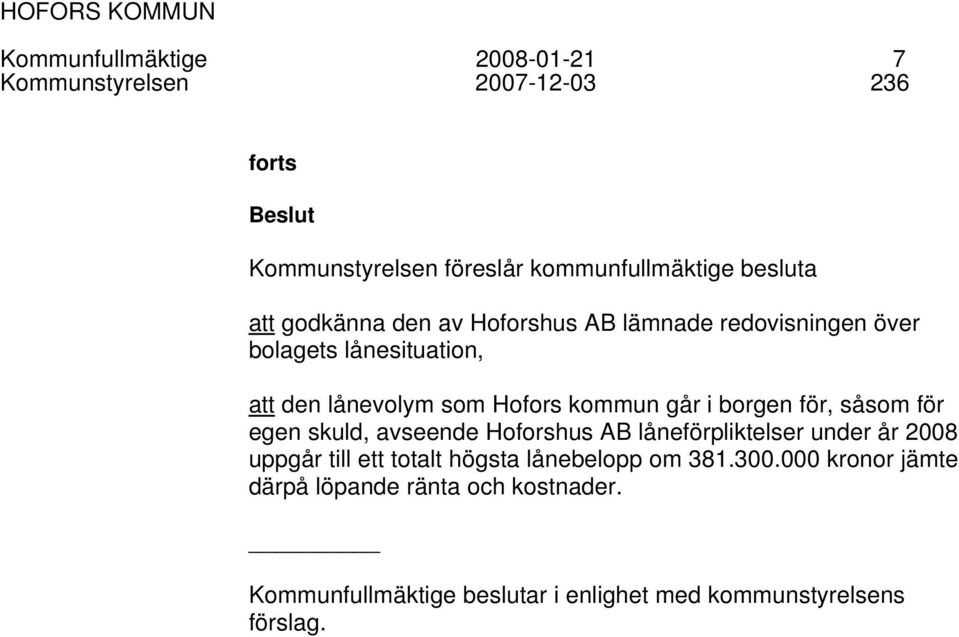 borgen för, såsom för egen skuld, avseende Hoforshus AB låneförpliktelser under år 2008 uppgår till ett totalt högsta