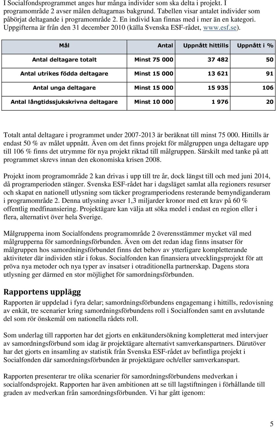 se). Mål Antal Uppnått hittills Uppnått i % Antal deltagare totalt Minst 75 000 37 482 50 Antal utrikes födda deltagare Minst 15 000 13 621 91 Antal unga deltagare Minst 15 000 15 935 106 Antal